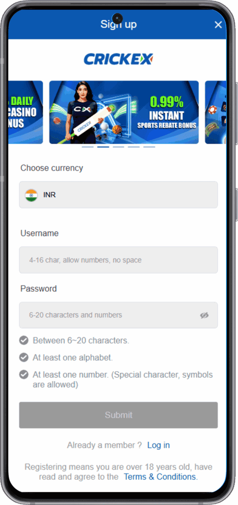 sign up in crickex casino